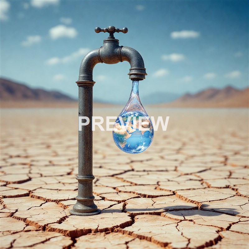 A metal faucet is dripping water that contains an image of the Earth, set against a dry, cracked landscape with mountains in the background.